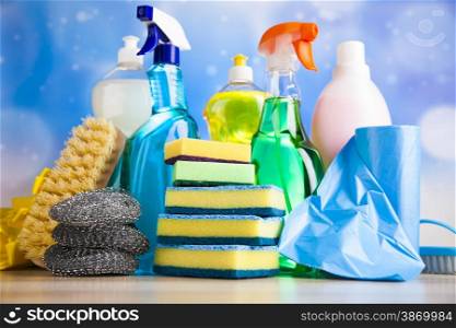 Variety of cleaning products, home work colorful theme