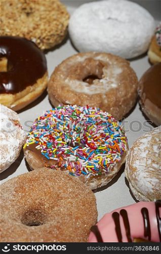 Variety of doughnuts in box