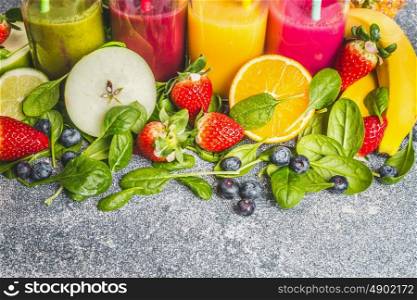 Variety of fresh organic ingredients for colorful smoothies or juice making. Healthy, diet or detox beverage concept