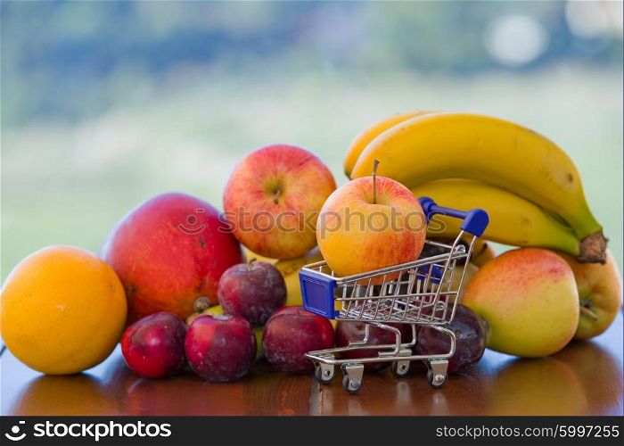 variety of fruits and a small shopping cart on table in the garden