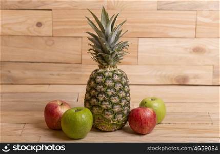 variety of fruits on a woden table, studio picture