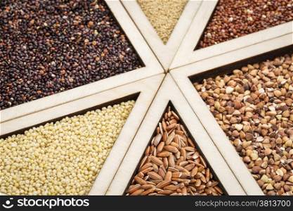 variety of gluten free grains (red and black quinoa, buckwheat, brown rive, amaranth and millet) in a wooden tray, focus on millet and rice