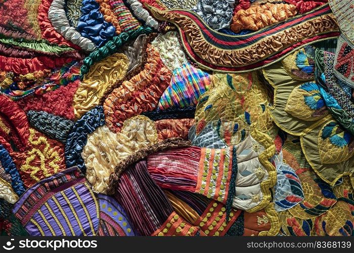 Variety of Handcrafted woven local fabrics with beautiful colors and patterns, Selective focus.