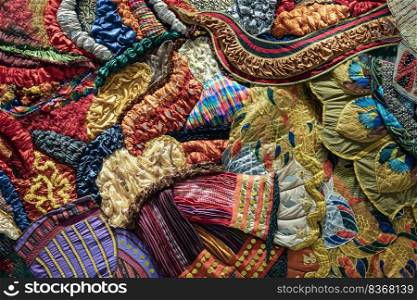 Variety of Handcrafted woven local fabrics with beautiful colors and patterns, Selective focus.