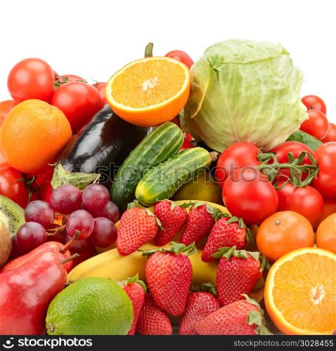 Variety of healthy fresh fruits and vegetables isolated on white. Variety of healthy fresh fruits and vegetables isolated on white background.