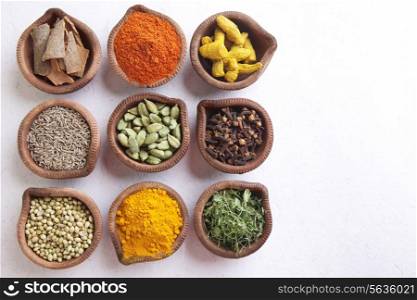 Variety of Indian spices in diyas over white background
