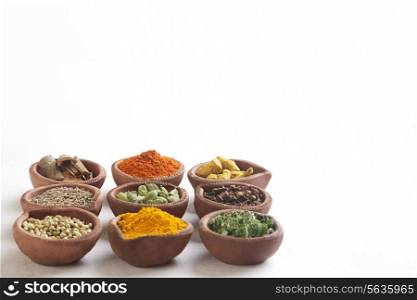 Variety of Indian spices in oil lamps over white background