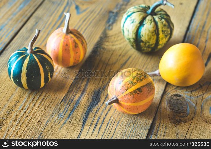 Variety of ornamental pumpkins on the wooden background