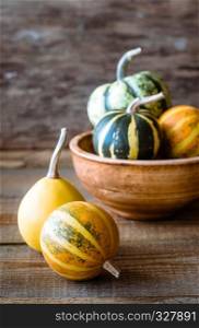 Variety of ornamental pumpkins on the wooden background