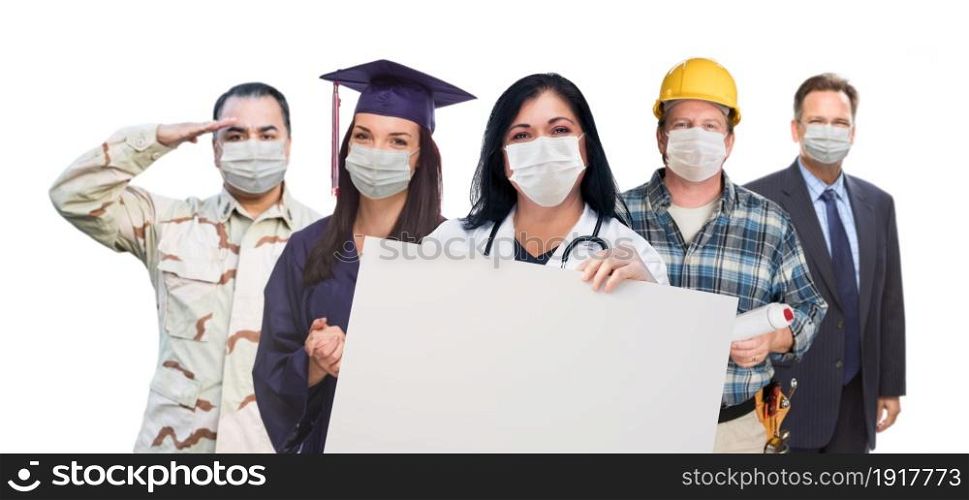 Variety of People In Different Occupations Wearing Medical Face Masks Holding Blank Sign Amidst the Coronavirus Pandemic.