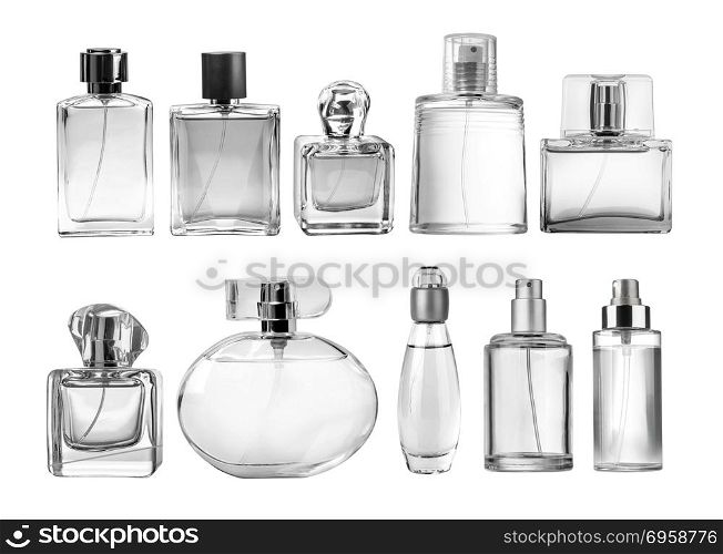 Variety of perfume bottles over white background . Variety of perfume bottles