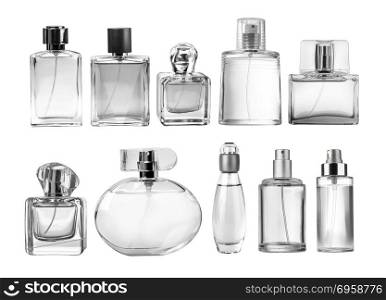 Variety of perfume bottles over white background . Variety of perfume bottles