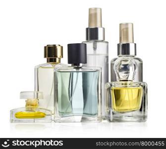 Variety of perfume bottles over white background with clipping path
