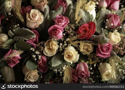 variety of roses bouquet and foliage background
