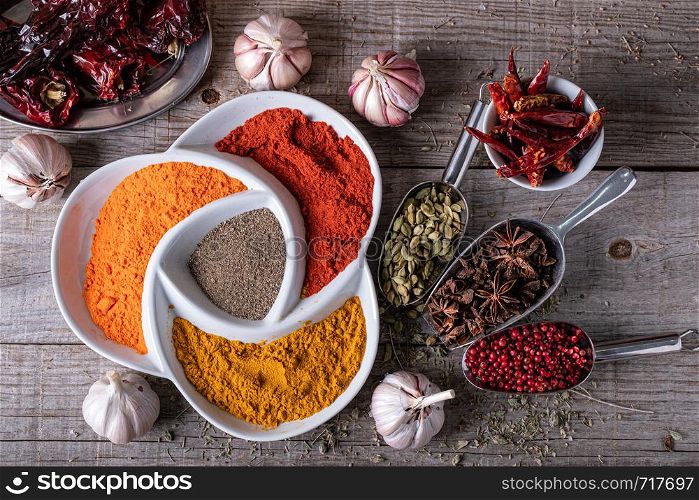 Variety of spices and herbs on the kitchen table