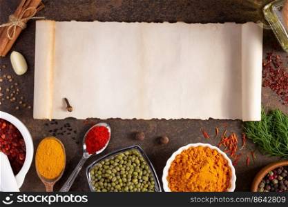 Variety of spices and herbs with cookbook paper on table background. Cooking concept and ingredients at table top view