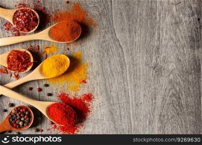 Variety of spices in spoon on table background. Cooking concept and ingredients at kitchen table top view