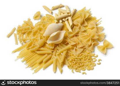 Variety of traditional Italian pasta on white background