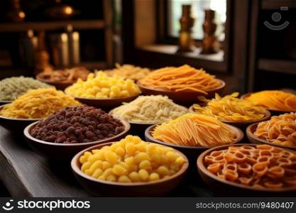 Variety of types and shapes of Italian pasta. Generative AI