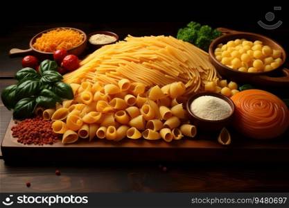 Variety of types and shapes of Italian pasta. Generative AI