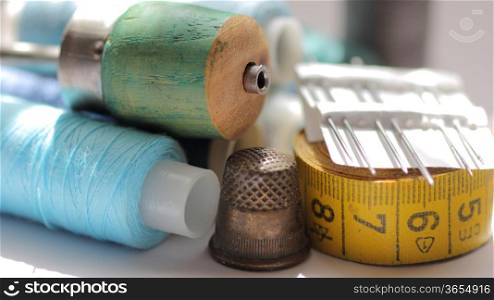 Various accessories for needlework thread, thimble, centimeter