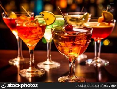 Various alcoholic cocktails on bar counter in night club.AI Generative