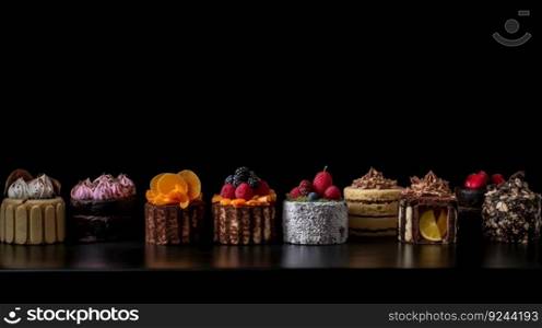 Various bakery cakes with fruit and chocolate, cream, black background, isolation. Header banner mockup with copy space. AI generated.. Various bakery cakes with fruit and chocolate, cream, black background, isolation. AI generated.