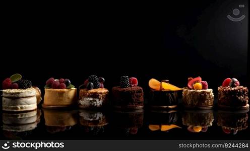 Various bakery cakes with fruit and chocolate, cream, black background, isolation. Header banner mockup with copy space. AI generated.. Various bakery cakes with fruit and chocolate, cream, black background, isolation. AI generated.