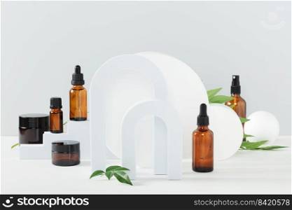 Various blank cosmetic container mock-ups on podiums and geometrical forms. Background for branding and packaging presentation. Natural skincare beauty product concep