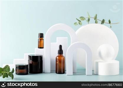 Various blank cosmetic container mock-ups on podiums and geometrical forms. Background for branding and packaging presentation. Natural skincare beauty product concep