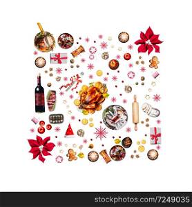 Various Christmas foods and red decoration for Christmas dinner, isolated objects. Composition pattern , top view