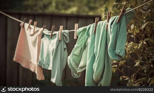 Various clean colored things dry on a clothesline against the background of the street. The concept of village life, taking care of things. AI generated.. Various clean colored things dry on a clothesline against the background of the street. AI generated.