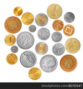 Various coins isolated over the white background