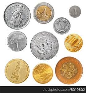 Various coins isolated over the white background