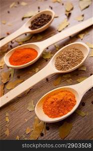 Various colorful dried spices in white spoons on the wooden background - pepper, curry, chilli, caraway