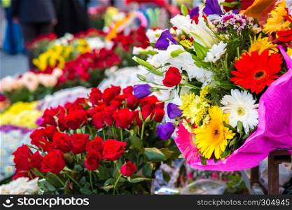 Various Colorful flowers are sale in a flower shop on a market. Various Colorful flowers are sale in a flower shop