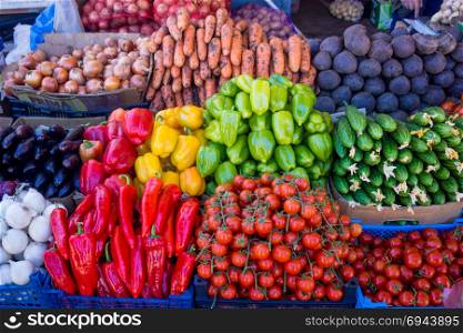 various colorful raw vegetables. vegetables on food market