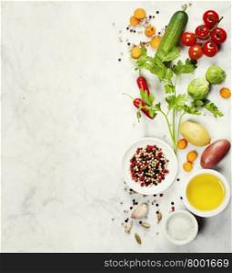 Various colorful spices and vegetables on marble table. Bio Healthy food, herbs and spices. Organic vegetables. Vegetarian food. Background layout with free text space.