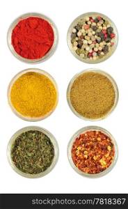 Various colorful spices in round bowls - paprika, pepper, curry, cardamon, oregano, chilli