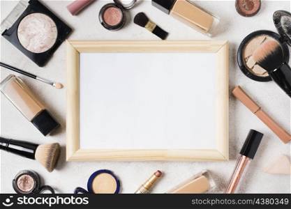 various cosmetics blank frame scattered light background