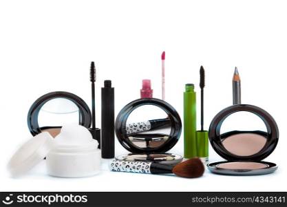Various cosmetics isolated over white. Makeup products