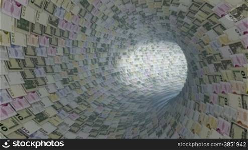 Various currencies tunnel fly through, light bloom