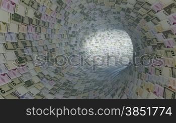 Various currencies tunnel fly through, light bloom, Alpha