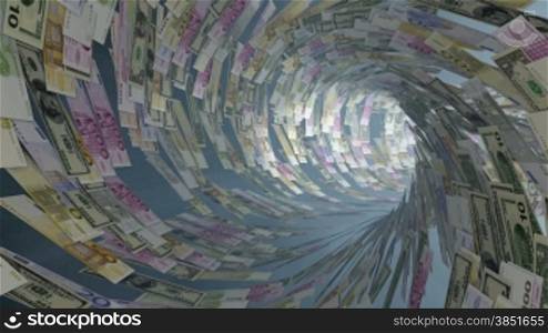 Various currencies tunnel fly through, light blooming