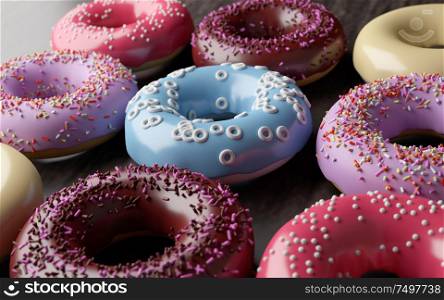 Various donut on wooden table . 3d rendering .