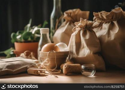 Various eco-friendly packaging materials and products, including biodegradable containers, reusable bags, and recyclable materials. Sustainable packaging solutions in everyday life. Generative AI