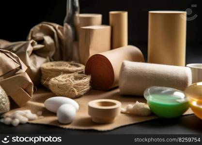 Various eco-friendly packaging materials and products, including biodegradable containers, reusable bags, and recyclable materials. Sustainable packaging solutions in everyday life. Generative AI