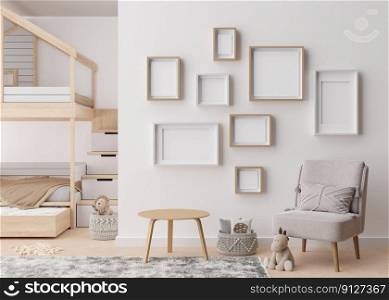 Various emptyπcture frames on white wall in modernχld’s room. Mock up∫erior in contemporary, scandinavian sty≤. Free,©space forπcture. Group of frames. Cozy room for kids. 3D render. Various emptyπcture frames on white wall in modernχld’s room. Mock up∫erior in contemporary, scandinavian sty≤. Free,©space forπcture. Group of frames. Cozy room for kids. 3D render.