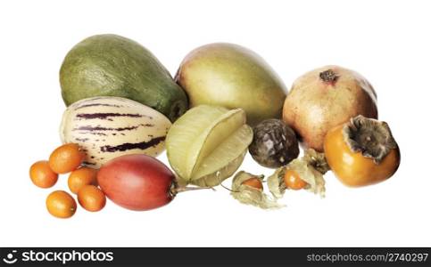 Various exotic fruit isolated on white. Papaya, mango, pomegranate, pepino, carambola, passion fruit, sharon/kaki/persimmon, kumquat, tamarillo, physalis
