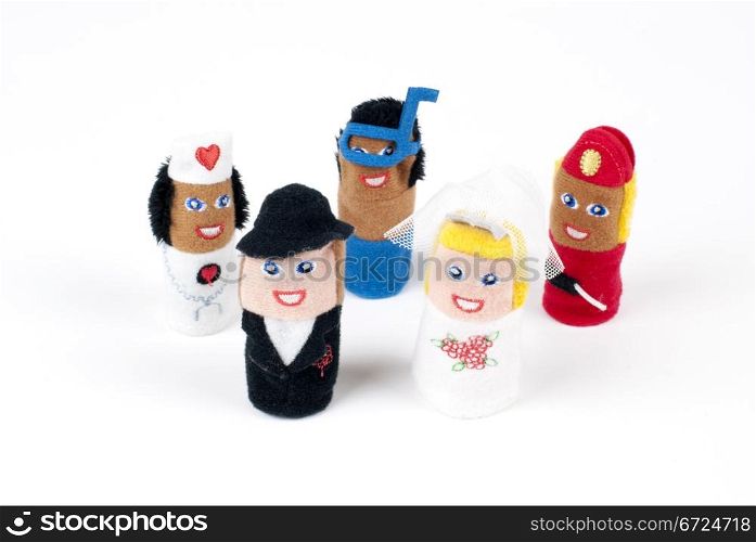 Various finger puppets showing different jobs on white background